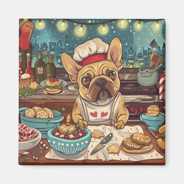 Fransk Bulldog Helgdag Baking: Festive God jul Magnet (Framsidan)