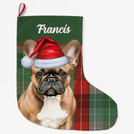 Fransk Bulldog Holiday Plaid och hundens namn Stor Julstrumpa