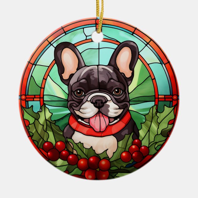 Fransk Bulldog Holly Berry God Jul Julgransprydnad Keramik (Framsidan)