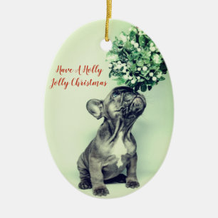 Fransk Bulldog Holly Jolly jul Julgransprydnad Keramik