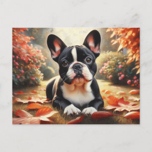 Fransk Bulldog Höst löv Art Vykort