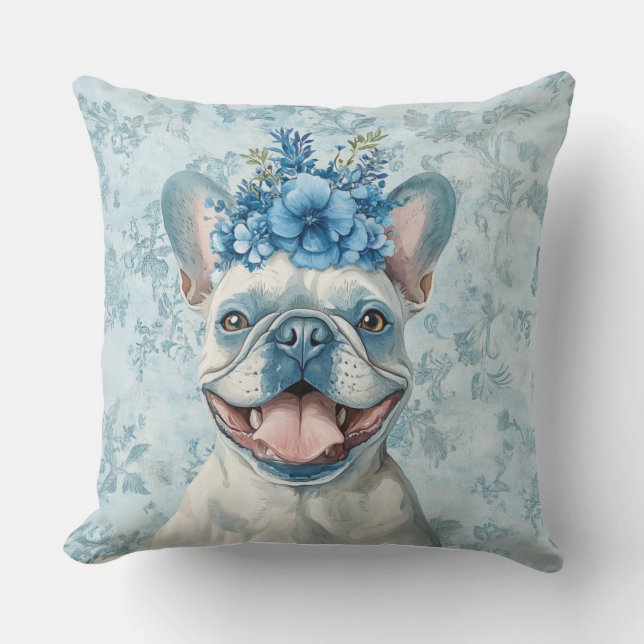 Fransk Bulldog Hund älskare Blue Blommigt Kudde (Framsida)