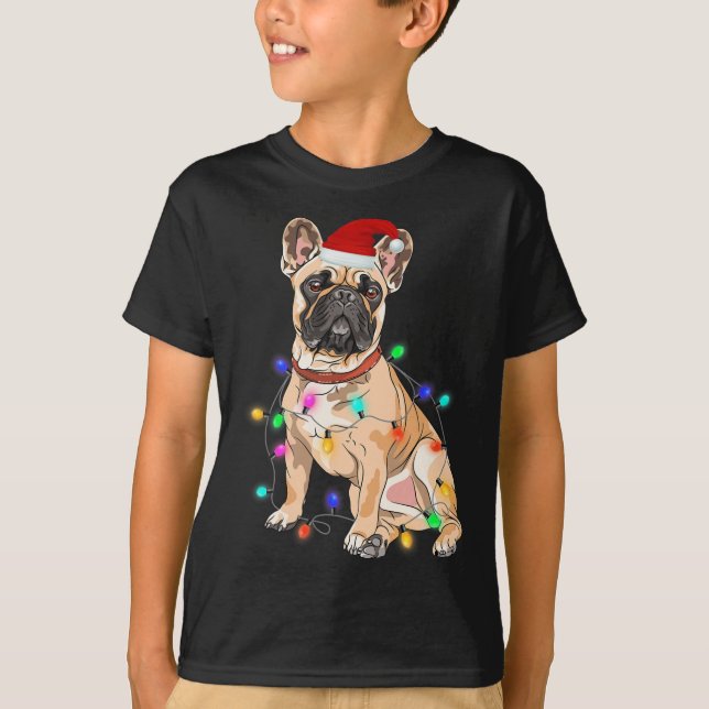 Fransk Bulldog Hund älskare Julgran Ljus T Shirt (Framsida)
