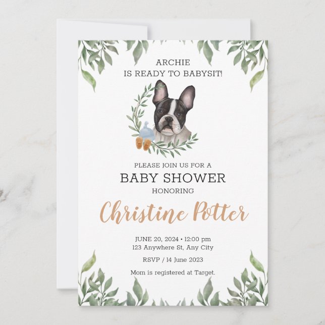 Fransk Bulldog Hund Boy Boho Greenery Baby Shower Inbjudningar (Framsida)