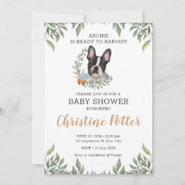 Fransk Bulldog Hund Boy Boho Greenery Baby Shower Inbjudningar