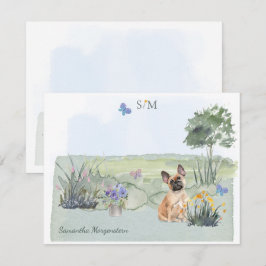 Fransk Bulldog Hund Butterfly Monogram Namn Anteckningskort