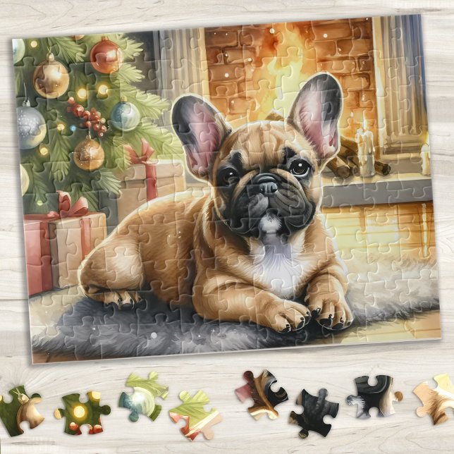 Fransk Bulldog Hund Festive Puppy jul Pussel (Skapare uppladdad)