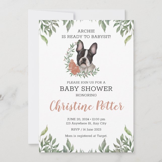 Fransk Bulldog Hund Girl Boho Greenery Baby Shower Inbjudningar (Framsida)