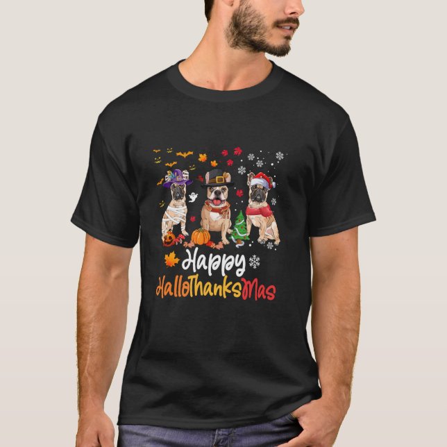 Fransk bulldog Hund Halloween jul Lycklig Hallo T Shirt (Framsida)