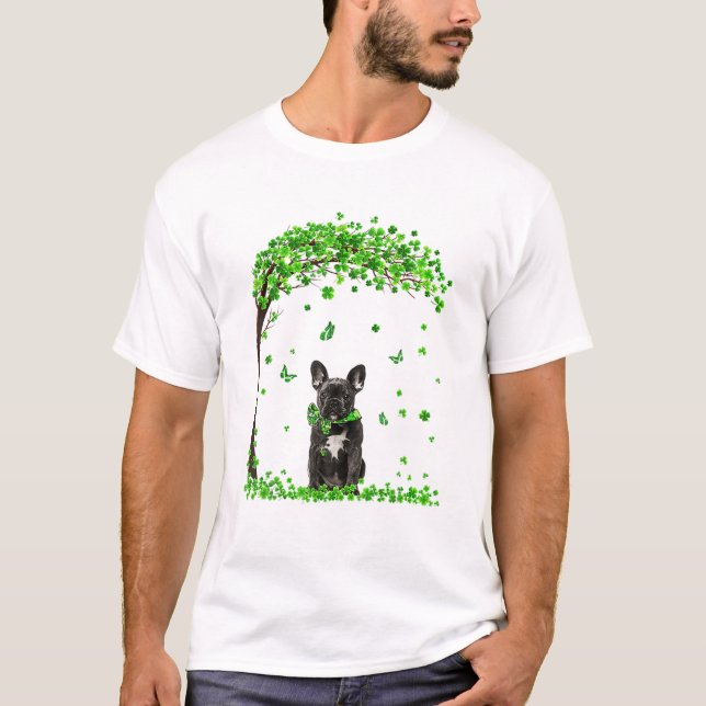 Fransk Bulldog Hund Irish Grönt Shamrock Klöver St T Shirt (Framsida)