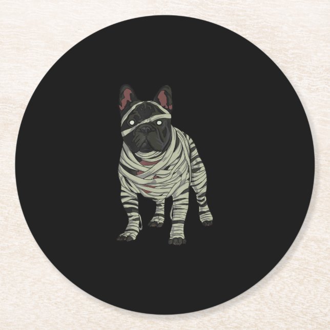 Fransk Bulldog Hund Mummy Halloween Gift Underlägg Papper Rund (Framsidan)