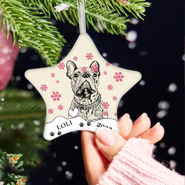 Fransk Bulldog Hund Personlig Hand Teckning Julgransprydnad Keramik (Skapare uppladdad)