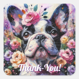Fransk Bulldog Hund Ro Blommigt Rosa Black White Fyrkantigt Klistermärke