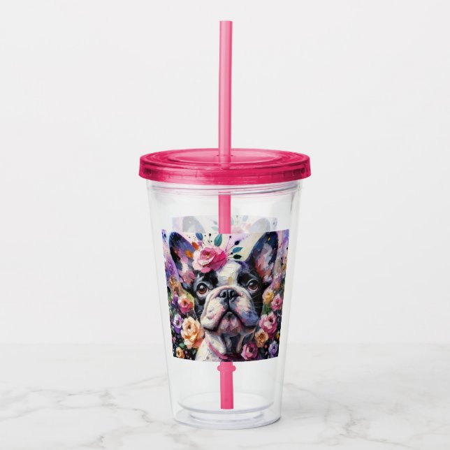 Fransk Bulldog Hund Ro Blommigt Rosa Black White Take Away Mugg (Framsida)