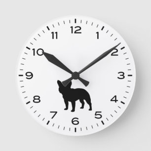 Fransk Bulldog Hund Silhouette Black and White Rund Klocka
