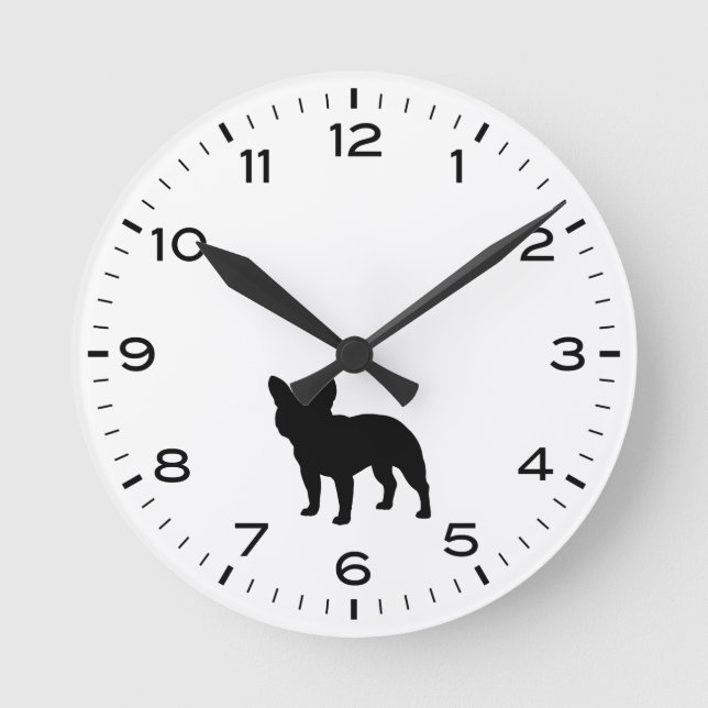 Fransk Bulldog Hund Silhouette Black and White Rund Klocka (Framsida)