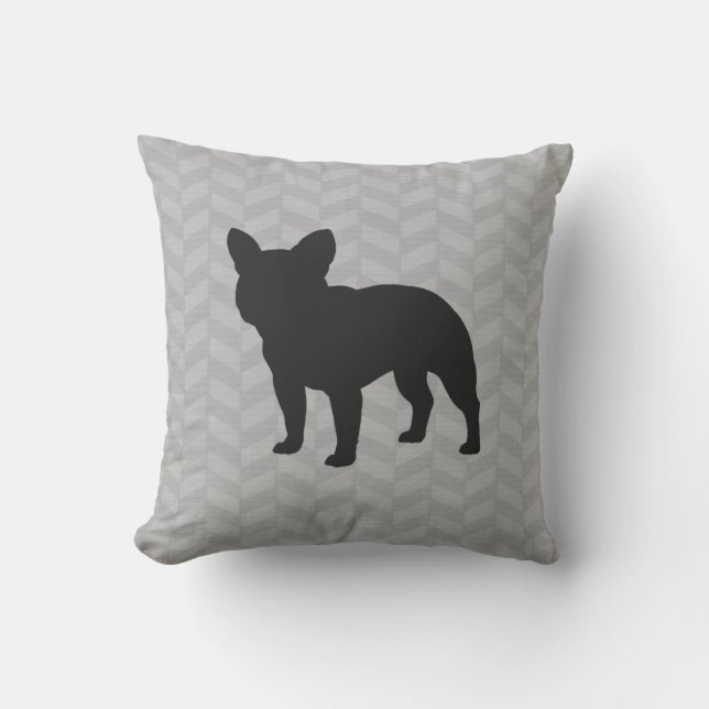 Fransk Bulldog Hund Silhouette Grått Herringbone Kudde (Framsida)