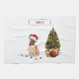 Fransk Bulldog Hund vid jul med Träd Kökshandduk