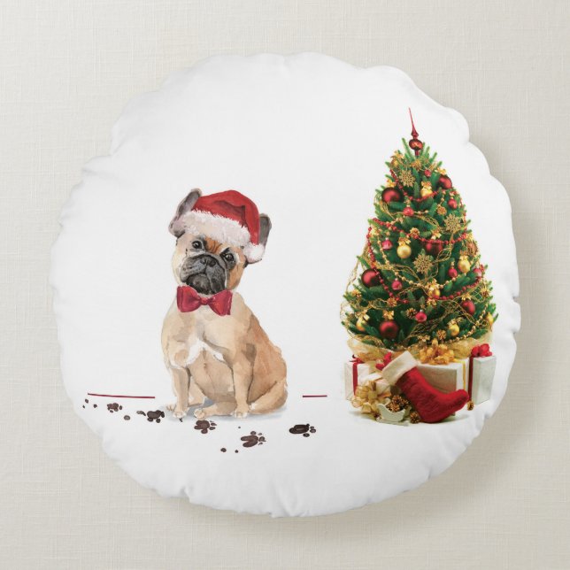 Fransk Bulldog Hund vid jul med Träd Rund Kudde (Framsidan)