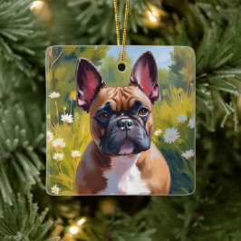 Fransk Bulldog | Husdjur Målning Hund Konst Julgransprydnad Keramik