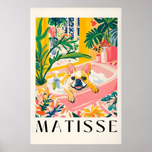 Fransk Bulldog i Badkar Konsttryck Matisse Stil Poster (Framsidan)