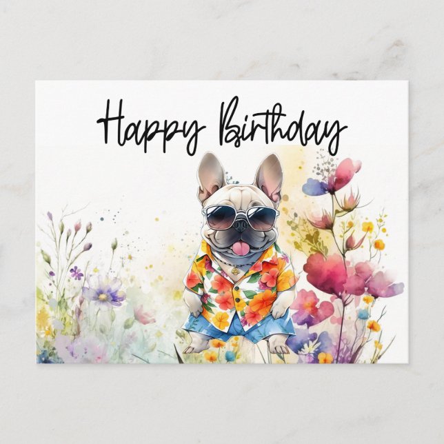 Fransk Bulldog i blomsterfält födelsedag Vykort (Framsida)
