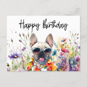 Fransk Bulldog i blomsterfält födelsedag Vykort