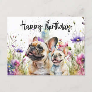 Fransk Bulldog i blomsterfält födelsedag Vykort