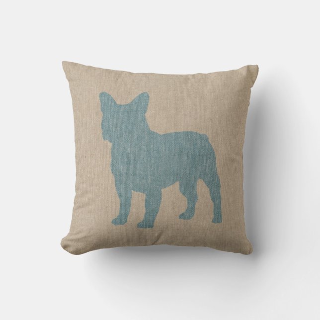 Fransk Bulldog i Blue på Linen look Kudde (Framsida)