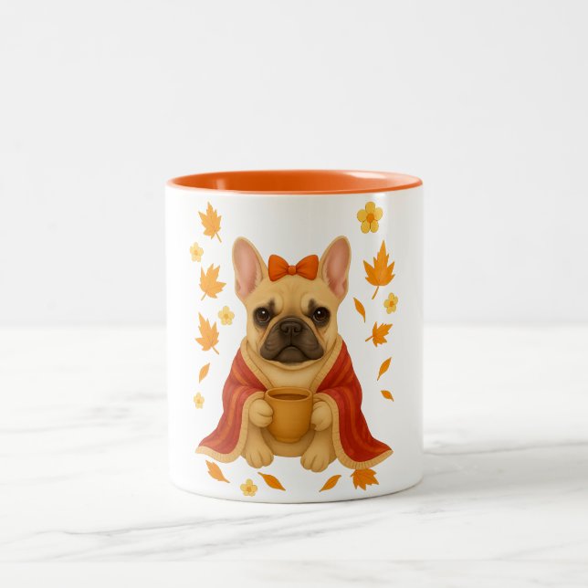 Fransk Bulldog i filt | Kaffevarmare Cozy Två-Tonad Mugg (Center)