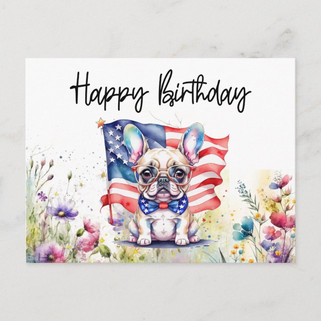 Fransk Bulldog i Flower Fält Birthday Vykort (Framsida)