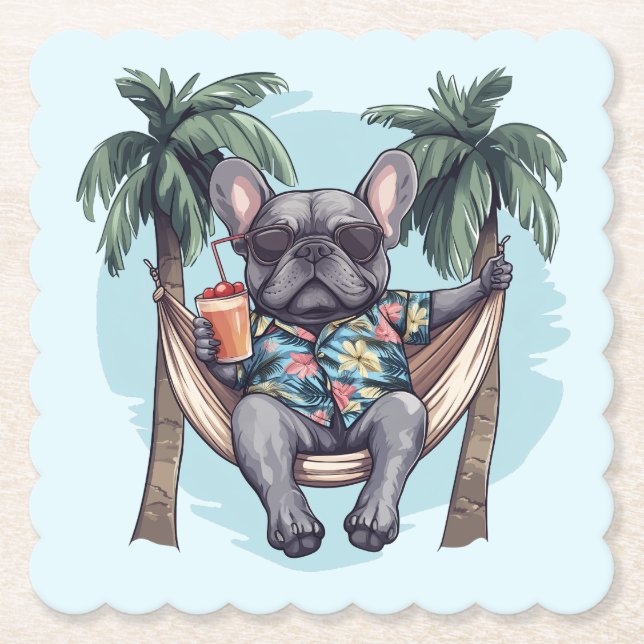 Fransk Bulldog I Hawaiiansk Top Underlägg Papper (Framsida)