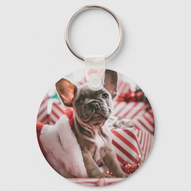 Fransk Bulldog i julhatt Nyckelring (Framsida)