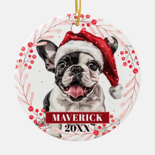 Fransk Bulldog i jultomten Julgransprydnad Keramik (Framsidan)