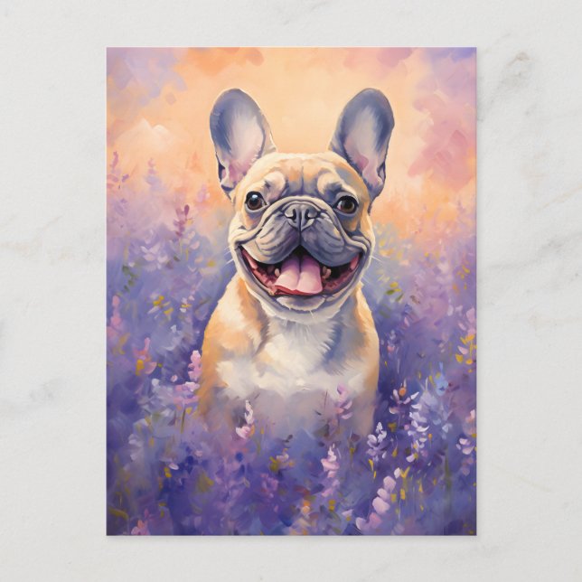 Fransk Bulldog i Lavender fält Vykort (Framsida)