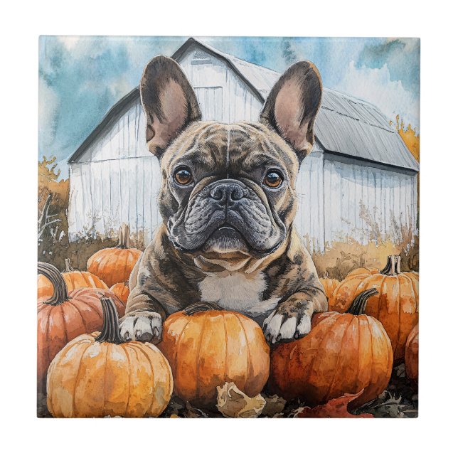 Fransk Bulldog i Pumpkin Patch Kakelplatta (Framsidan)