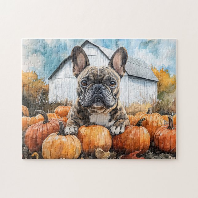 Fransk Bulldog i Pumpkin Patch Pussel (Horisontell)