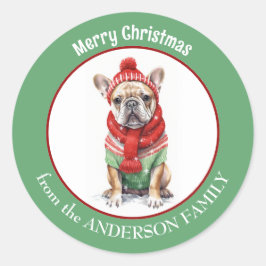 Fransk Bulldog i Red jul Scarf och Hat Runt Klistermärke