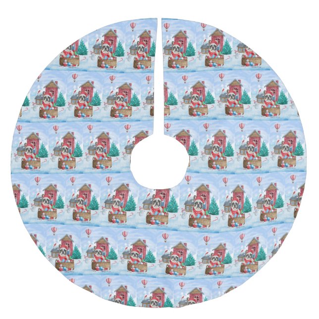 Fransk Bulldog i snö Hund House Julgransmatta Borstad Polyester (Framsidan)