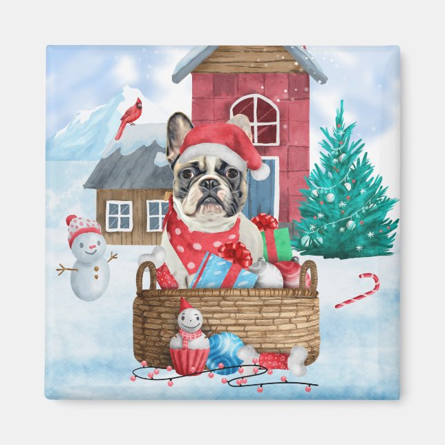 Fransk Bulldog i snö Hund House Magnet (Framsidan)