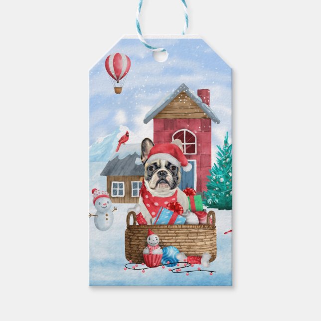 Fransk Bulldog i snö Hund House Presentetikett (Framsidan)