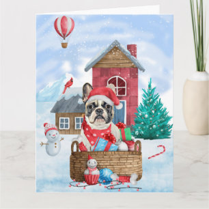 Fransk Bulldog I snö Jul Hund Hus Kort