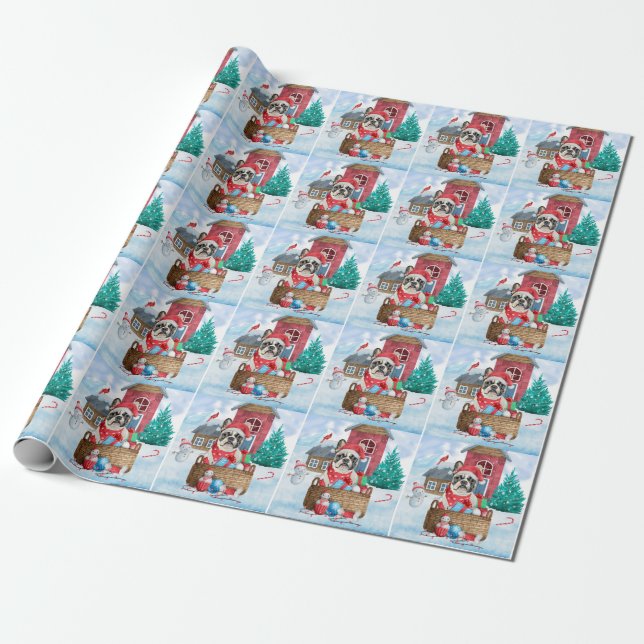 Fransk Bulldog I snö Jul Hund Hus Presentpapper (Utrullad)