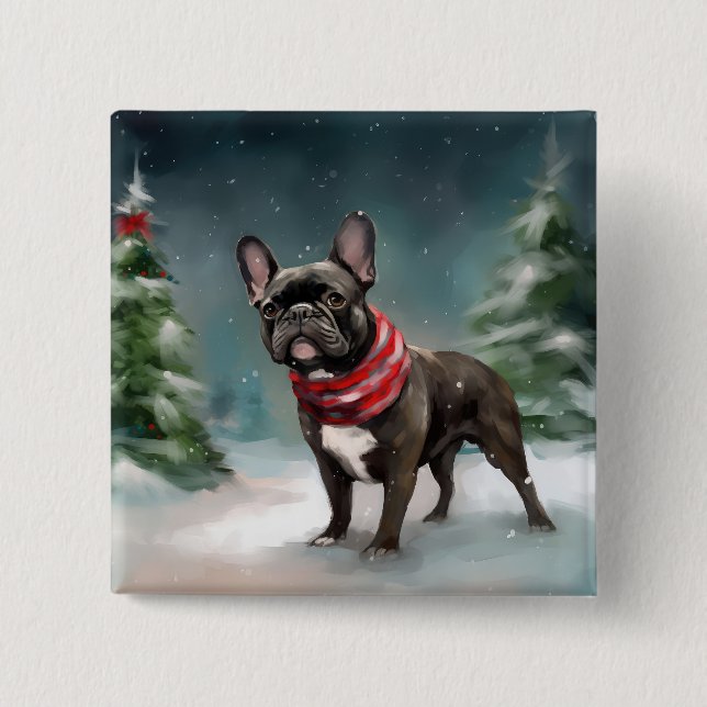 Fransk Bulldog i Snö Jul Knapp (Framsida)