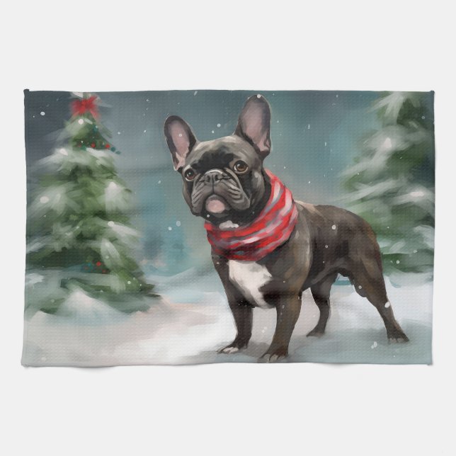 Fransk Bulldog i Snö Jul Kökshandduk (Horisontell)