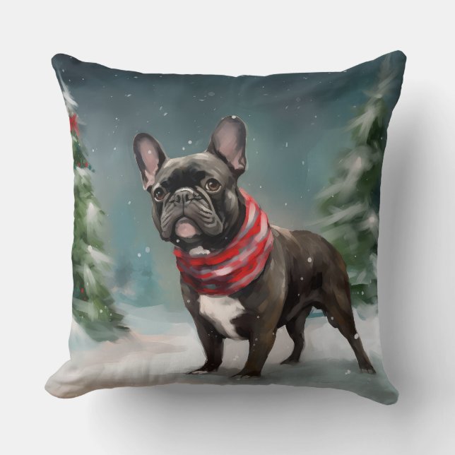 Fransk Bulldog i Snö jul Kudde (Framsida)