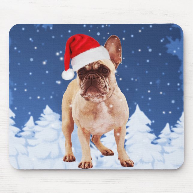 Fransk Bulldog i Snö jul och Santa Hat Musmatta (Framsidan)
