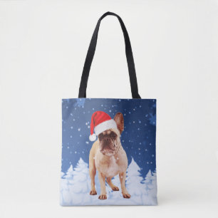 Fransk Bulldog i Snö jul och Santa Hat Tygkasse