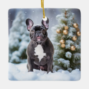 Fransk Bulldog i Snö Julgransprydnad Keramik