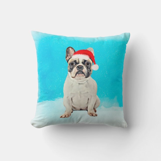 Fransk Bulldog i Snö jultomten Hat Kudde (Framsida)